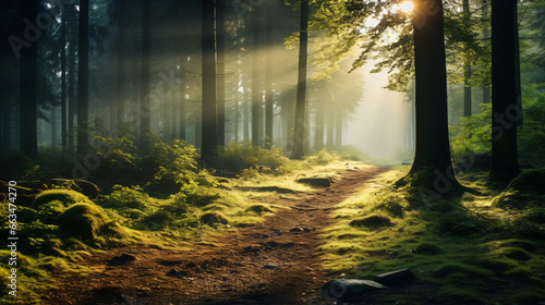 A peaceful forest clearing with sunbeams shining through