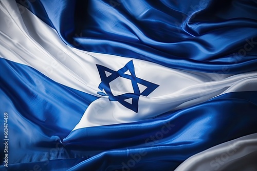 Close-up view of the Israeli flag with a Star of David, patriotic concept. photo