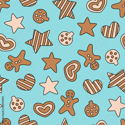 Vector seamless pattern with gingerbread cookies. Cute design for Christmas wrappings, textile, wallpaper and backgrounds.