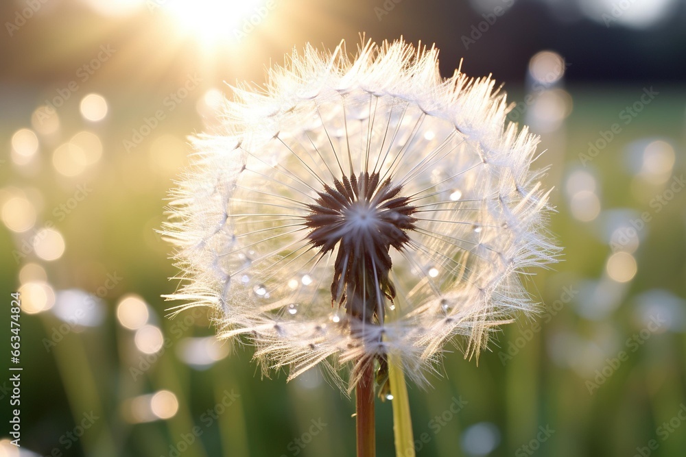 Close-up of dew on a dandelion, under morning sunlight