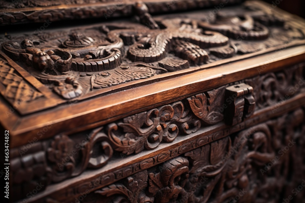 Close-up of intricate carvings on an antique wooden chest