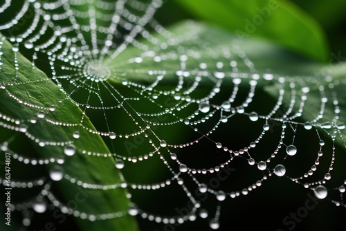 Close-up of a spider web covered in morning dew