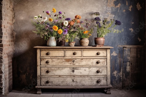 Chest of drawers in rustic setting with wildflowers in vase on top photo