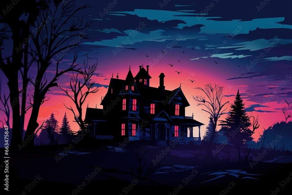 Haunted house silhouette with glowing windows at twilight