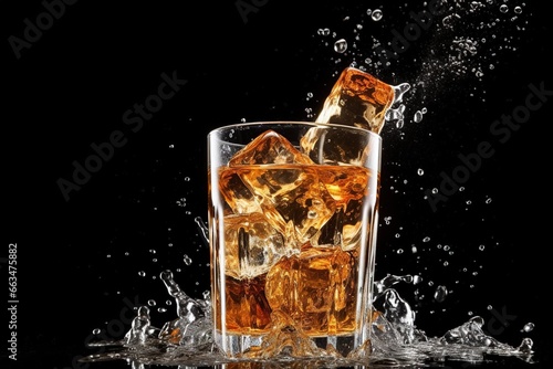Ice cubes dropped into a glass of soda, capturing the effervescent splash