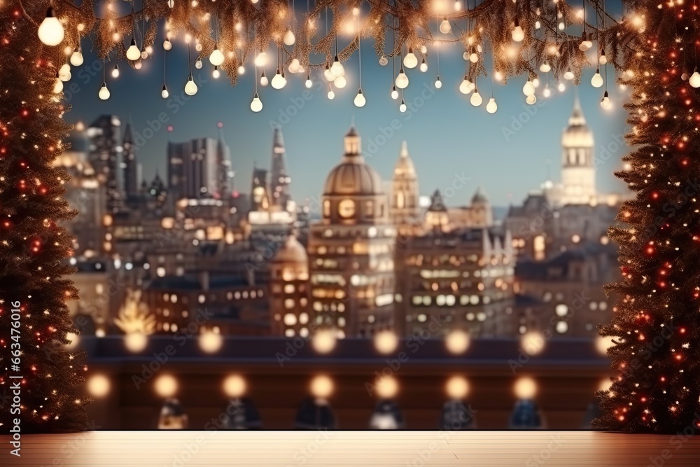 Festive city scene with bokeh and blur effect as background for products, text and logos. Magical and snowy for Christmas.