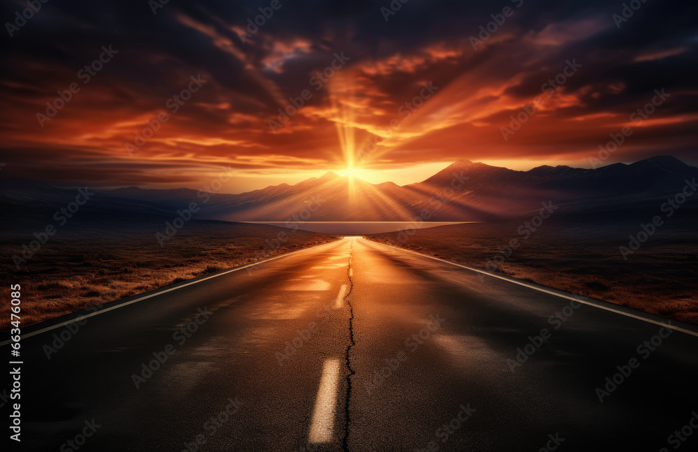 A scenic sunset over an empty road in a remote location