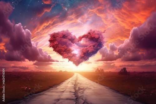 A heart-shaped cloud hovering over a scenic road