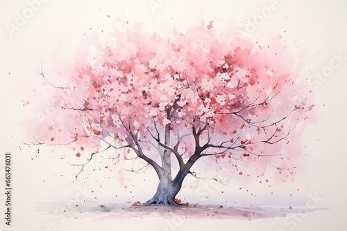 Japanese cherry blossom tree in watercolor with falling petals