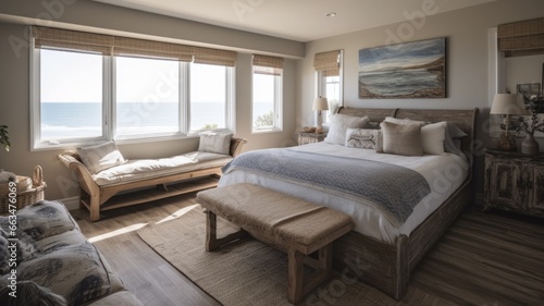 Bedroom decor  home interior design . Coastal Farmhouse style with Window with Ocean View decorated with Wood and Wicker material . Generative AI AIG26.