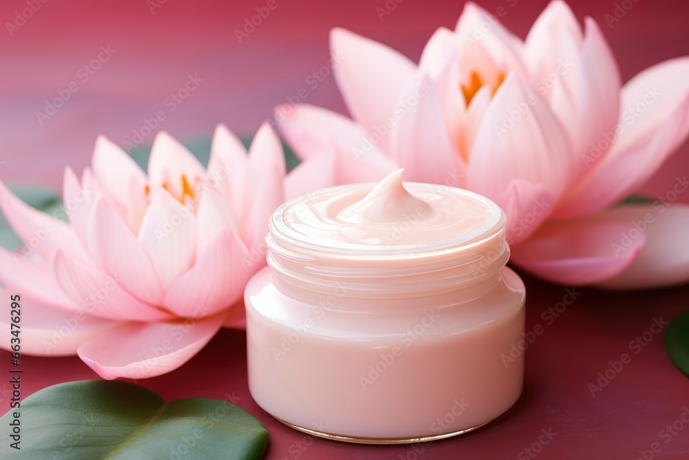 Pink cream bottle with beauty products lotus flower and leaves on pink background. Natural organic skin care. Pink cream bottle with beauty products lotus flower and leaves on pink background. Natural organic skin care.