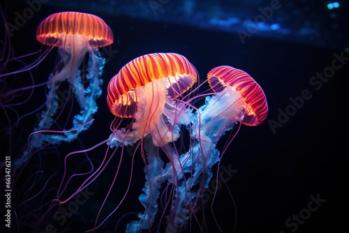 Long-exposure shot of glowing jellyfish in a dark aquarium © Dan