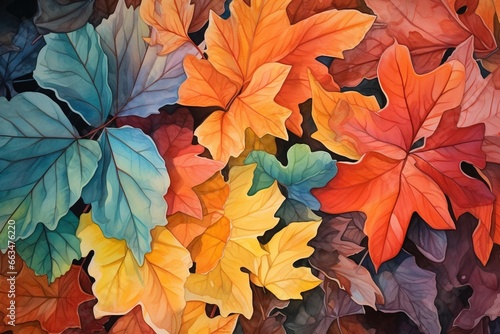 Layered watercolor of autumn leaves changing color, close-up