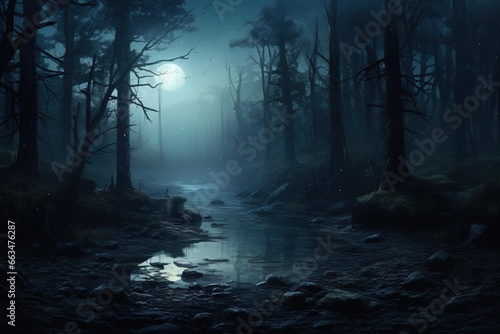 Moonlight filtering through a misty, haunted forest