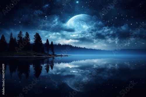 Moon reflecting on a tranquil, glass-like lake at midnight