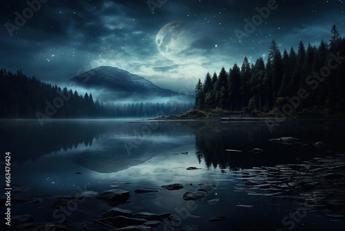 Moon reflecting on a tranquil, glass-like lake at midnight