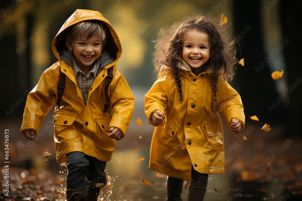 Two Happy Children Wearing Yellow Raincoats Jumping Together Two Happy Children Wearing Yellow Raincoats Jumping Together