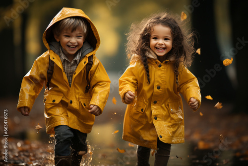 Two Happy Children Wearing Yellow Raincoats Jumping Together