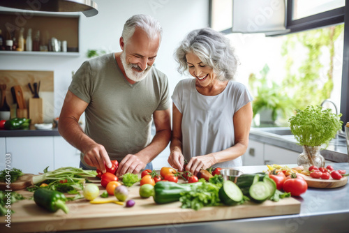 Happy seniors couple prepare vegan food at home in modern trendy design kitchen
