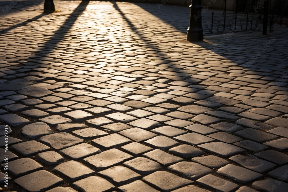 Shadow and light pattern on a cobblestone street from wrought iron gates