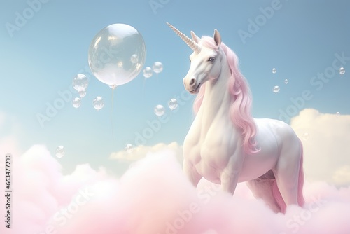 A majestic white unicorn standing on a fluffy cloud surrounded by enchanting bubbles