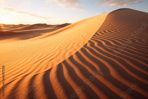Rippling sand dunes at sunset casting long shadows