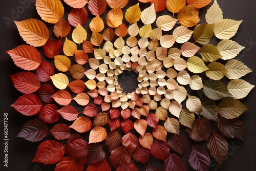 Spiral arrangement of autumn leaves sorted by color