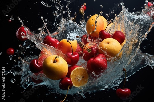 Slow-motion capture of fruit dropping into a pool of water, capturing the splash