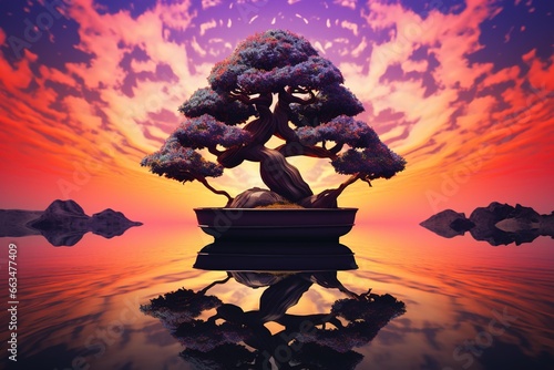 Silhouette of a bonsai tree against a kaleidoscopic sky during sunset © Dan