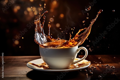 Splash of hot coffee against a white cup during a pour