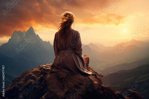 A woman enjoying the breathtaking view from the summit of a majestic mountain © pham