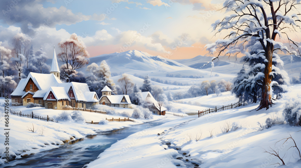 Winter Wonderland, A Vibrant Watercolor Village