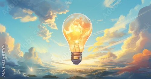 A surreal painting of a light bulb illuminating the sky