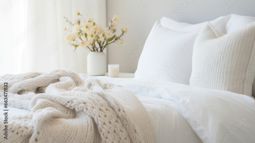 a white bed with a white blanket and pillows on top of it. generative ai a white bed with a white blanket and pillows on top of it. generative ai