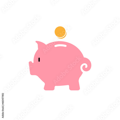Piggy bank and coin. Vector flat color illustration isolated on white background.