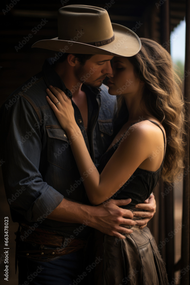 couple hugging and kissing. passionate couple. embracing in love. western couple. long dark blond hair. cowboy hat. blue western cowboy shirt. in a barn interior. farm, ranch, farmland. 