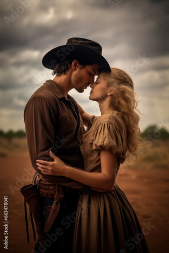 wild west vintage retro noire couple in love. kissing valentines couple. cowboy hat. leather outfit. passionate couple. blond woman. delicate Amish woman wearing a dress. holster. farm background. 