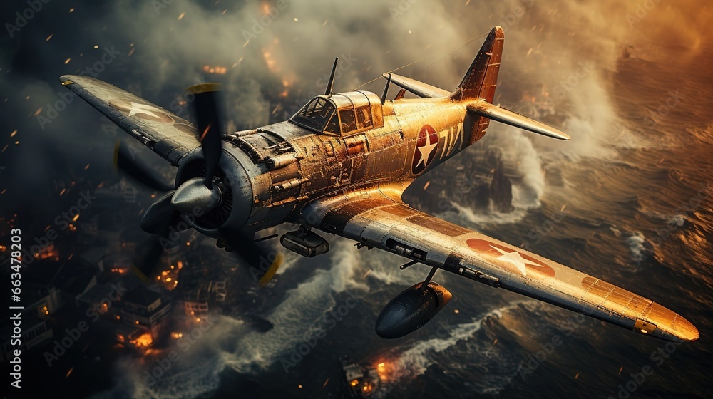 A WWII battle scene, somewhere in the Sea of Japan, WWII fighter jets battle enemy fighter jets. Created with Generative Ai technology. A WWII battle scene, somewhere in the Sea of Japan, WWII fighter jets battle enemy fighter jets. Created with Generative Ai technology.