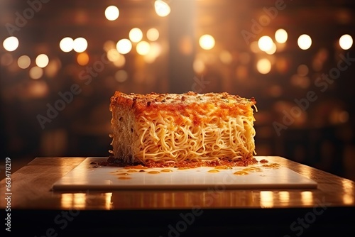 Ramen Lasagna topped with melted cheese and Balognese sauce, a modern trend. A new type of puff ramen preparation. photo