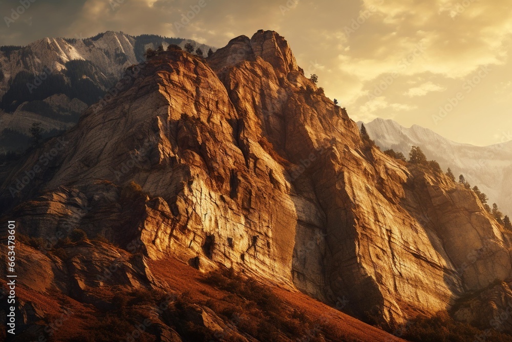 A mountain cliff face illuminated by the golden light of a setting sun