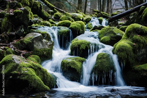 A mountain stream cascading over moss-covered rocks, frozen in time