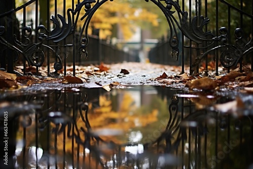 A puddle reflecting the intricate design of a wrought-iron gate
