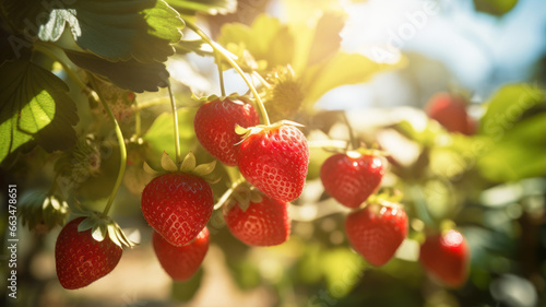 Ripe Juicy Strawberries in a Sunlit Garden