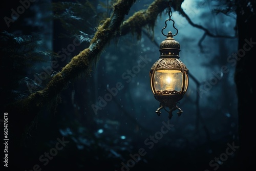 A single lit lantern hanging from a branch in a misty forest