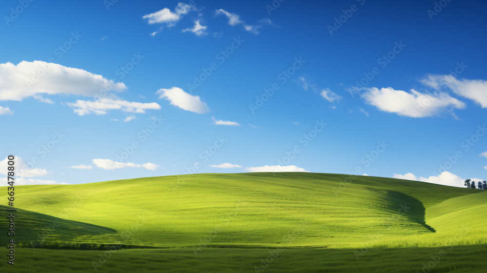 Fresh green fields in spring with a blue sky backdrop on a hill