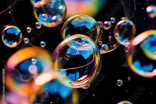 Close-up of iridescent soap bubbles floating against a pitch-black background