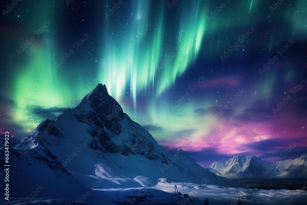 Ethereal northern lights illuminating a snow-covered mountain landscape