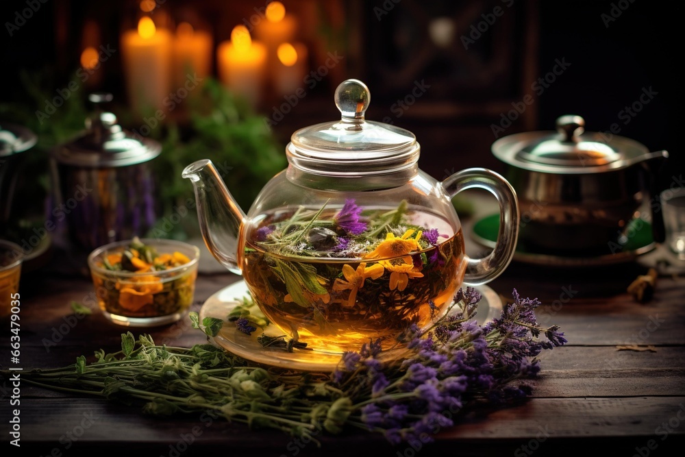 Freshly brewed tea in a glass teapot, surrounded by an assortment of herbs Freshly brewed tea in a glass teapot, surrounded by an assortment of herbs