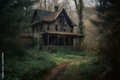 A spooky house hidden amidst the woods. Generative AI