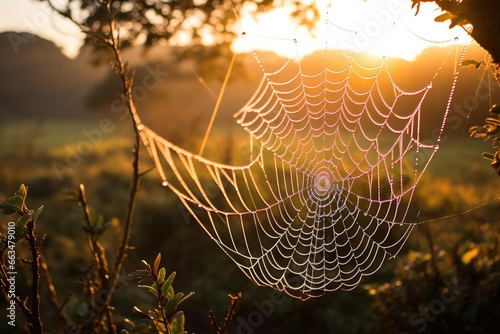 Dew-covered spider web glistening in morning sunlight